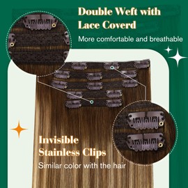 Easyouth Human Hair Extensions Clip in Brown Balayage 16Inch Clip in Real Hair Extensions Dark Brown Fading to Caramel Blonde Mix Brown Remy Human Hair Clips in Extension for Women 5Pcs 80G