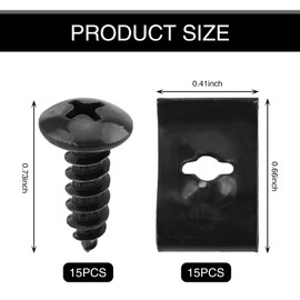 Flygun 30 PCS Car Bumper Fender Buckle Kit, 15 Metal U-Shaped Clip Gaskets + 15 Self-tapping Screws Set, Hood Protective Bolts Retainer, Universal Fasteners for Car Body Interior Panels (Black)