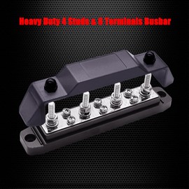 Ampper Ground Distribution Block Bus Bar, 4 x 1/4" (M6) Studs, 6 x #8 (M4) Terminal Screws, 6.3" 12V 150A Battery BusBar with Cover for Auto, Boat and Solar (Black)