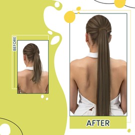 RUNATURE Brown Ponytail Human Hair Extensions Straight Ponytail Hair Extensions 14 Inch 70g Full Ends Dark Brown Highlight Ash Brown Thick Real Hair Ponytail Extensions with Magic Paste Silky
