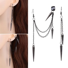 MALOYANVE Black Punk Long Tassel Chain Ear Cuff Earrings for Men Women Long Tassel Gothic Earrings Cool Punk Vintage Barrel Nails Crawler Climer Hoop Piercing Earrings Rock Dangle Drop Earrings for