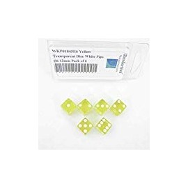 Yellow Transparent Dice with White Pips Square Corners D6 12mm (1/2in) Pack of 6 Wondertrail