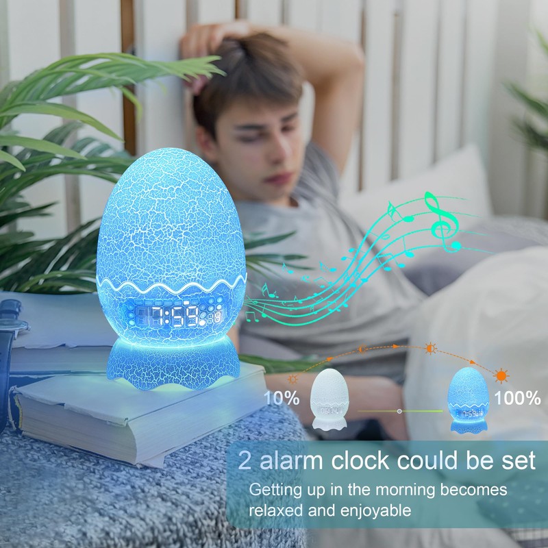 Cute Dinosaur Egg Alarm Clock/Digital Clock/Night Light/Music & White Noise