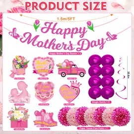 Mothers Day Decorations for Party Glitter Happy Mother's Day Banner Hanging Swirls Paper Tissue Pom Poms Flowers Mother Party Ceiling Decor for Best Mom Ever Office Home Feliz Dia De Las Madres