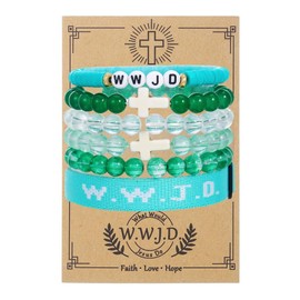 Pingyongchang W.W.J.D. Cross Bracelets Set for Women Men Boho Clay Glass Beaded Stackable Stretch Bracelets What Wound Jesus Do Bracelet Christian Religious Faith Jewelry Gift-Green