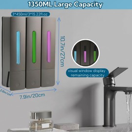 Spalivivre Shower Soap Dispenser, 3 Chamber Shampoo and Conditioner Dispenser, 3x450ml Shower Dispenser, Transparent Body and Wall Mounted, No Drill for Home Hotel Bathroom
