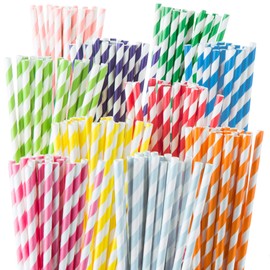 Weemium 200 Biodegradable Paper Straws - Durable & Eco-Friendly in 10 Color Stripes - Rainbow Drinking Straws & Party Decoration Supplies