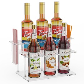 NANAGIFTREE Coffee Syrup Organizer with Straw Holders, 2-Tier Acrylic Syrup Rack (6 Bottles), Anti-Slip Coffee Bar Storage with Side Straw Boxes for Syrups, Wine, Dressings on Kitchen Countertop