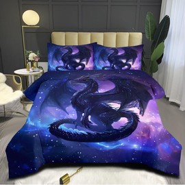 CCoutueChen Black Dragons Bedding Set Outer Space Starry Sky Comforter Set Twin Size Western Castle Fairy Dragons Comforter 3D Animals Dragon Bed Set for Kids Boys Teens Women Decor Black Purple