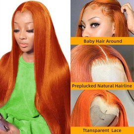 SWOTHEW Ginger Orange Lace Front Wigs Human Hair 13x6 HD Straight Lace Front Wigs Human Hair 200% Density Colored Human Hair Wigs for Women Pre Plucked with Baby Hair 28 inch