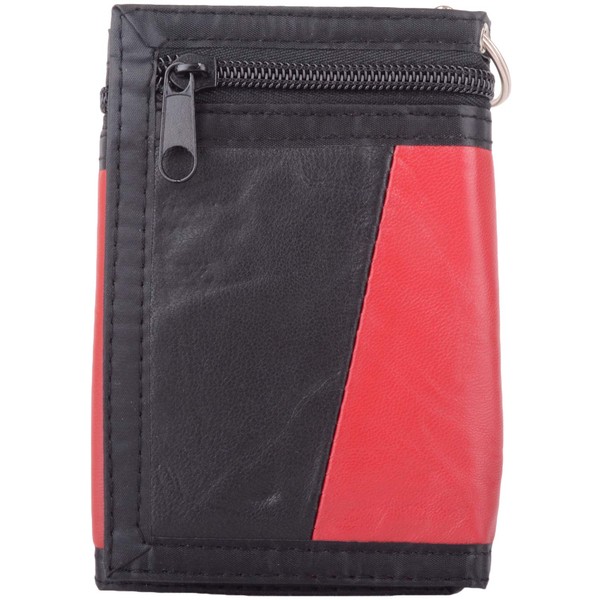 Mens Leather Tri-Fold Wallet/Coin Holder with Key Chain - Red/Black