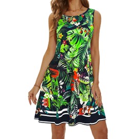 Summer Dresses for Women 2025 Casual Sundresses Beach Cover Ups Sleeveless Tshirt Swing Dress with Pockets Large Boho Green Leaf