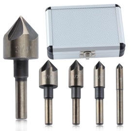 GOLD DEER 5PCS Countersink Drill Bit Set 82 Degree 5 Flute with Storage Case High Speed Steel Countersink Bits M35 Cobalt Countersunk Bits for Drilling in Metals Wood Fiberglass Plastic