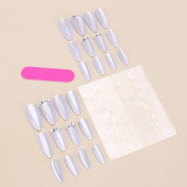 White Cat Eye Press on Nails Medium Almond ZWENJIE Fake Nails with Glitter Rhinestones Designs Ombre Agate False Nails Press ons Glossy Acrylic Nails Solid Color Glue on Nails for Women 24 Pcs