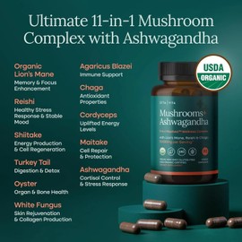 USDA Organic Lions Mane Supplement Capsules with Ashwagandha, Chaga, Reishi, Cordyceps, Turkey Tail (18,600mg/serv) 10x Adaptogenic Mushroom Complex as Focus Supplement - Energy, Immunity & Nootropic