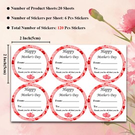 UAREBST 120pcs Happy Mother's Day Stickers, 2 Inch Floral Mothers Day Labels Sticker, Love Heart Mother's Day Tags, Mother's Day Party Favors Decorations for Boxes, Envelopes, Cards