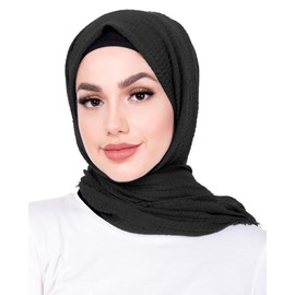 Ladies Maxi Long Crinkle Frayed Edges Crimp Mix Cotton Scarf Hijab Shawl Wrap (Black)
