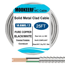 MOOKEERF 14/2 MC Cable with Ground - 25FT Pure Copper 14AWG/2 Metal Clad Wire with Aluminum Armor 14 Gauge 2 Conductor Type MC Alum Cable