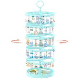 iDavosic.ly 5 Tier Rotating Earring Holder Organizer with Metal Tray, Adjustable Plastic Dangle Display Stands Tree with 285 Grooves, Large Hoop Storage Rack Tower, Blue