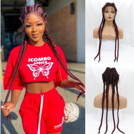 AFbeauty Long 99J Braided Wig for Women Synthetic Burgundy Red Lace Front Braided Wig with Baby Hair Heat Resistant Fiber Cornrow 4 Twist Braids Party Cosplay