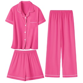 Umeyda 3pcs Pajamas for Girls 3 Piece Summer Short Sleeve Button Up Pajama Top Pj Shorts Pants, Hot Pink, 7-8 Years