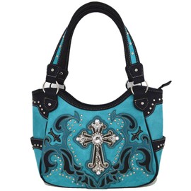 Western Style Rhinestone Cross Tote Concealed Carry Purse Laser Cut Handbag Women Shoulder Bag Wallet Set (Turquoise Set)