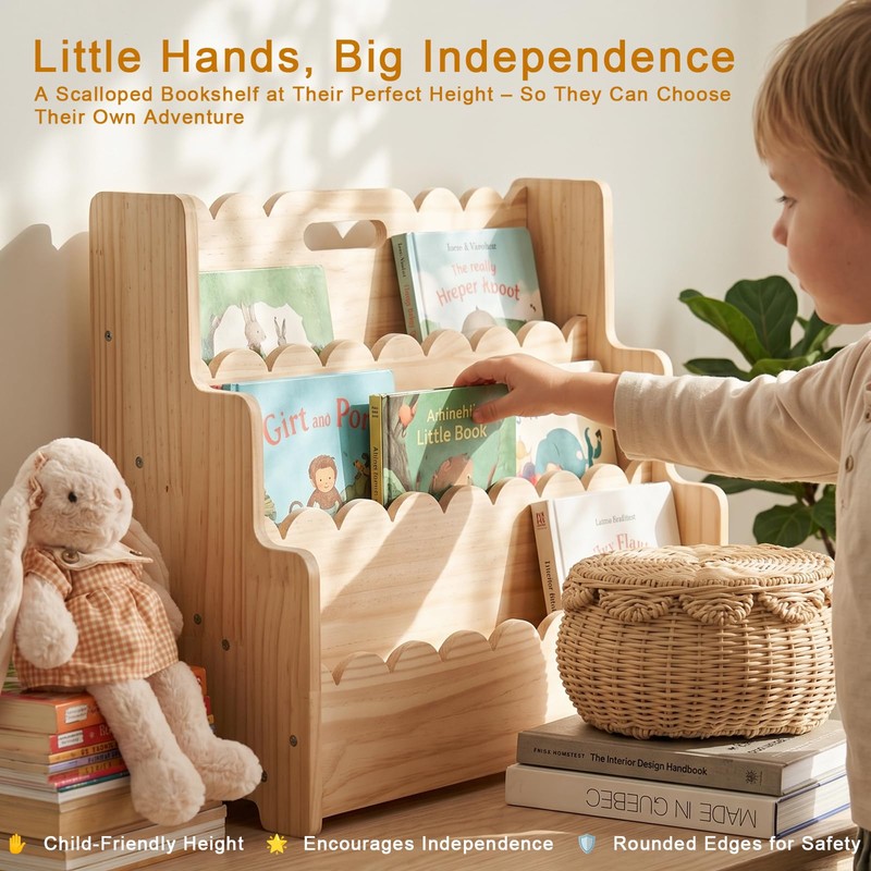 Kids Bookshelf Storage 3-Tier Scalloped Wooden Book Case for Kids