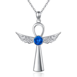 Flpruy Kreuz Kette 925 Sterling Silber Ägyptische Ankh Kette mit Blaue Kristall Kreuz Engelsflügel Anhänger Kette Ägyptische Schmuck Geschenk für Frauen Mädchen
