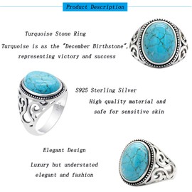 Qida Vintage Turquoise Rings for Men - Solid 925 Sterling Silver Retro Turquoise Wedding Jewelry Bands - Hollow Bohemia Engagement Party Band Rings