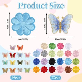 Pack of 36 iron-on patches, embroidered patches for children, iron-on patches, flowers, butterfly, iron-on patches for textiles, iron-on patches for jeans, jackets, hats
