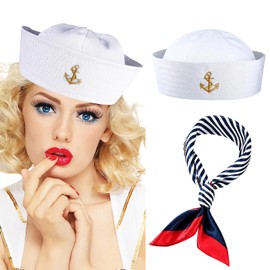 YONEEKSS Yacht Captain Costume Set, Sailor Hat and Scarf for Women Men Ship Cap Scarf Navy Outfit Accessory, White, One size