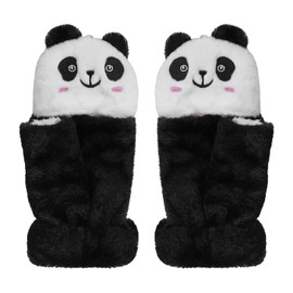 TINAYAUE Winter Warm Convertible Fingerless Gloves Mittens Thick Plush Cute Panda Gloves Faux Animal Fur Half Finger Cycling Gloves for Women Girls Embroidered Flip Cover Gloves Lovely Birthday