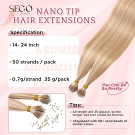 SEGO Nano Tip Hair Extensions Human Hair, Nano Beads Balayage Seamless Highlight Pre-bonded Extensions for Women, 0.7g/strand, 50 strands 35g/pack -14 Inch#18RP613R Ash Blonde&Bleach Blonde