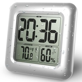 BALDR LCD Waterproof Bathroom Clock for Bath and Shower, Wall Mounted, Suction Cups, Digital Displays Time, Temperature, and Indoor Relative Humidity