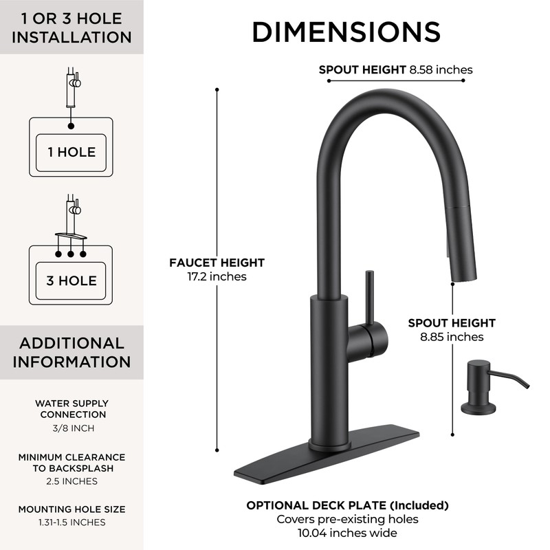 FORIOUS Kitchen Faucet with Soap Dispenser, Modern Matte Black, Single