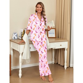 Ekouaer Silk Satin Pajamas Set Women Short Sleeve Pj Sets Button Down Sleepwear 2 Piece Soft Loungewear,Pink Cowgirl,S