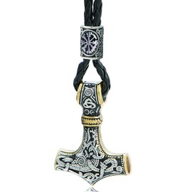 ZFSBRTL Thor's Hammer Necklace, Men's Nordic Mythology Stainless Steel Mjölnir Pendant Viking Vegvisir Rune Amulet Biker Jewellery Anniversary Birthday Gift 60 cm Chain, Leather Chain