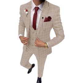 Aesido Business Men's Suits Slim Fits 3 Piece Double Breasted Breathable TR Plaid Thin Prom Tuxedos Blazer Wedding Grooms(Beige,42)