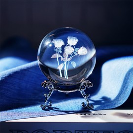 HDCRYSTALGIFTS 3D Carving Rose bouquet Crystal Ball Glass Sphere Display Paperweight with Sliver-Plated Flowering Stand,2.4inch(60mm)