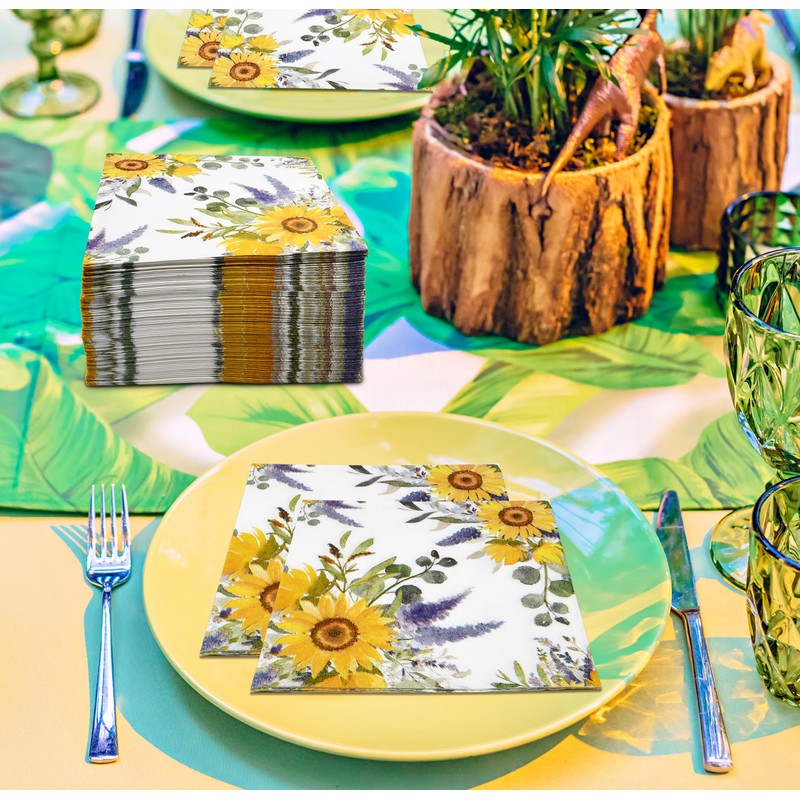 100 Pcs Sunflower Bunch Floral Cocktail Beverage Napkins Flowers Disposable