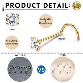 MILACOLATO 14K Real Gold Nose Rings Studs Simulated Diamond CZ Corkscrew Nose Rings Nose Studs Solid Gold Twist Nose Screw Studs Rings Hypoallergenic Nose Piercings for Women Men 22G-2MM