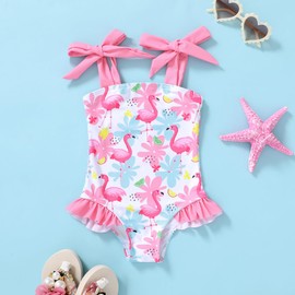 YOUNGER TREE Toddler Swimsuit Girl Color Block Stripe One-Piece Swimwear Baby Girl Bathing Suits （Leaves + Flamingos, 12-18 Months）