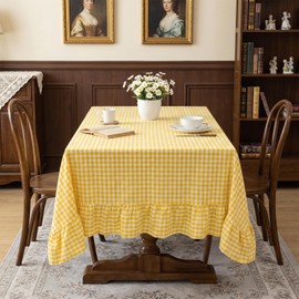 Eternal Beauty Gingham Ruffled Tablecloth 60x102 Inch, 100% Washed Cotton Plaid Table Cloth, Vintage Farmhouse Decor for Outdoor, Wedding, Party, Spring Picnic & Dining Room- Butter Yellow White