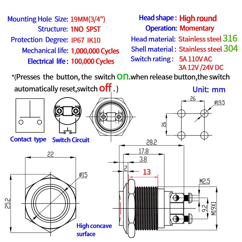 UL Listed 19mm High Momentary Push Button Switch 3/4", IP67