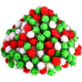1000 Pieces Glitter Pom Poms 0.6 Inch Fuzzy Pompoms Arts and Crafts Balls for Hobby Supplies and Craft DIY Material (White, Fruit Green, Red)