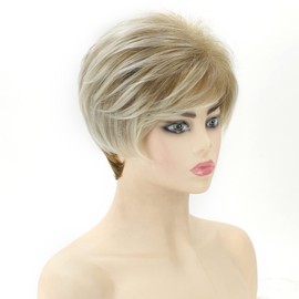 SEVENCOLORS Short Blonde Wigs for White Women Layered Mixed Blonde Pixie Cut Wigs with Bangs Synthetic Short Hair Replacement Wigs