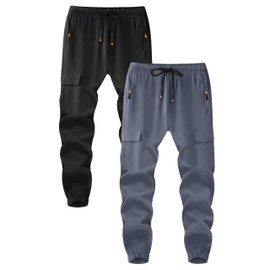 ANHDM Boys Athletic Quick Dry Cargo Pants Lightweight Hiking Jogger Pants with Zipper Pockets, Black&Gray, 9-10 Years