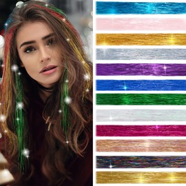 SEGO Hair Tinsel Kit With Tool 2400 Strands Tinsel Hair Extensions Sparkling Shiny Hair Tinsel 47 Inch Highlights Glitter Tinsel Hair Extensions - Brown