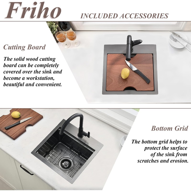 Friho Drop in Black Bar Sink, 15x15 Inch Stainless Steel