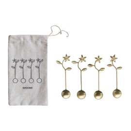 Creative Co-Op 5.35 Stainless Steel and Brass Kitchen with Flower Handles and Drawstring Bag, Gold Finish, Set of 4 Spoon